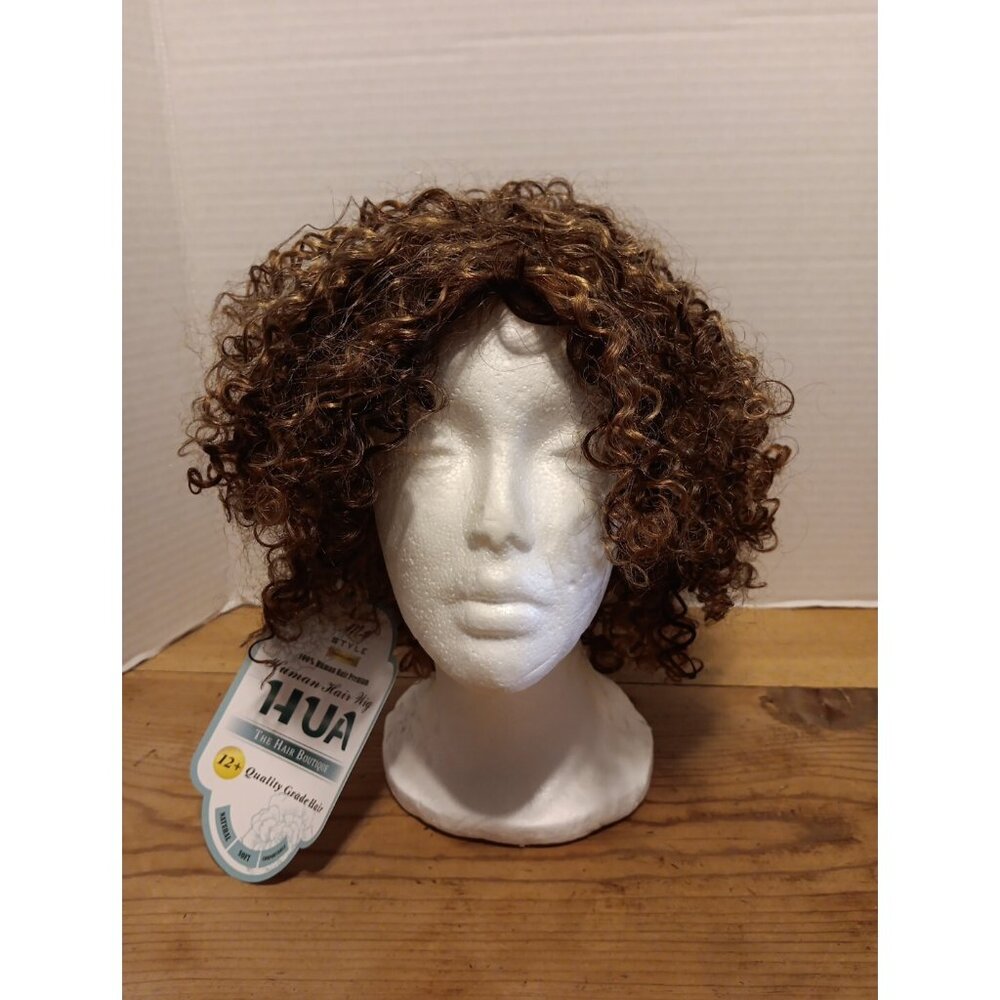 My Style HUA Human Hair Wig Women Brown Frosted Short Curly Premium Glueless NWT - Picture 1 of 9